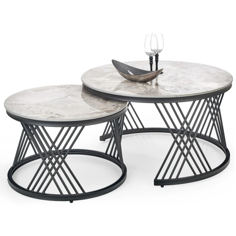 HALMAR Flamingo okrúhly konferenčný stolík (2 ks) sivý mramor / čierna