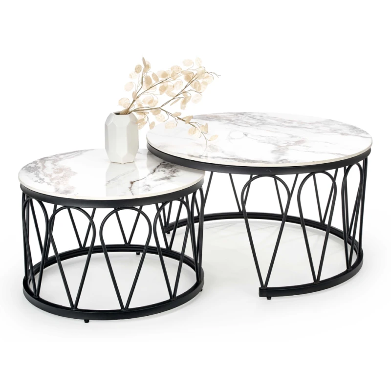 HALMAR Formosa okrúhly konferenčný stolík (2 ks) biely mramor / čierna