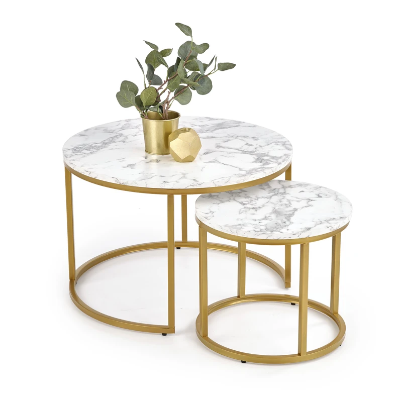 HALMAR Paola okrúhly konferenčný stolík (2 ks) biely mramor / zlatý