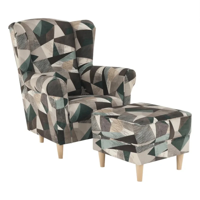 Kreslo s taburetom ASTRID Tempo Kondela Hnedo-zelený vzor