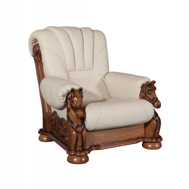 PYKA Mustang kožené kreslo drevo D3 / smotanová (G105)